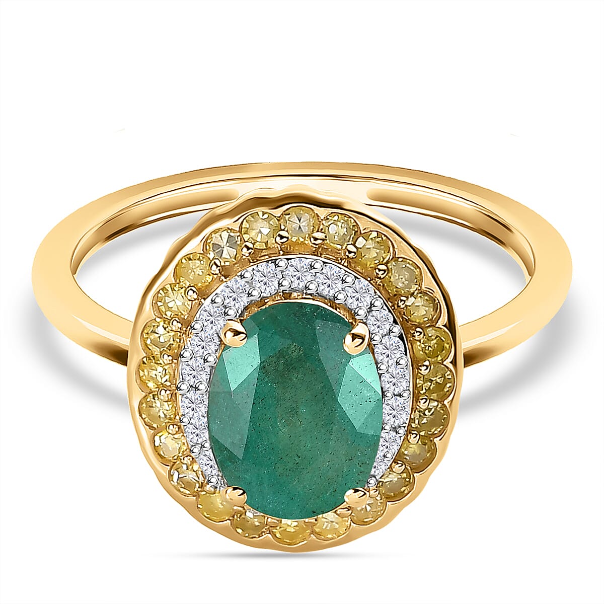 9K Yellow Gold Gemfields Emerald, Natural Yellow &amp; White Diamond Ring 1.57 Ct. 7555864 0