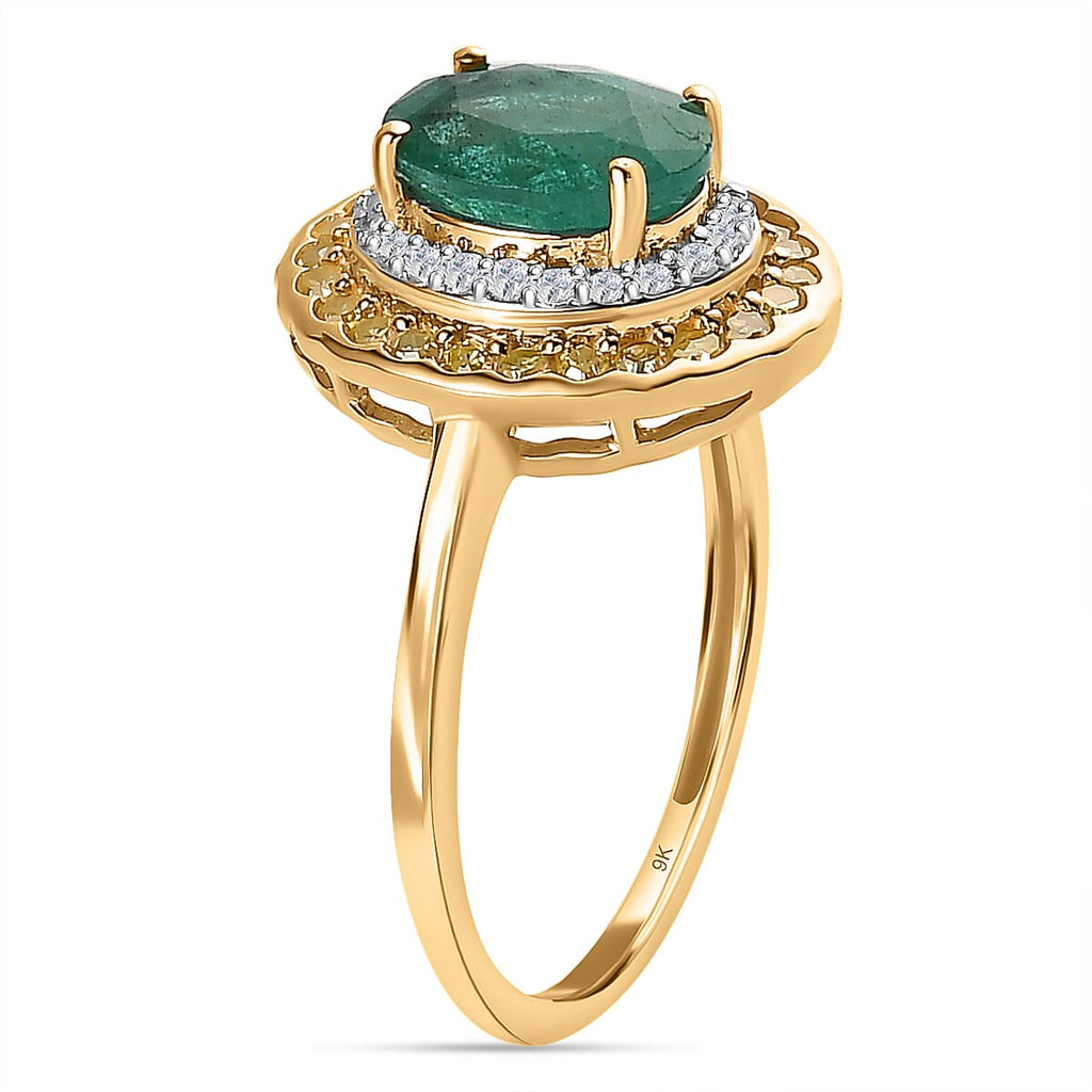 9K Yellow Gold Gemfields Emerald, Natural Yellow & White Diamond Ring 1.57 Ct.