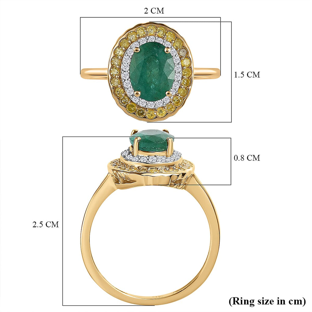9K Yellow Gold Gemfields Emerald, Natural Yellow & White Diamond Ring 1.57 Ct.