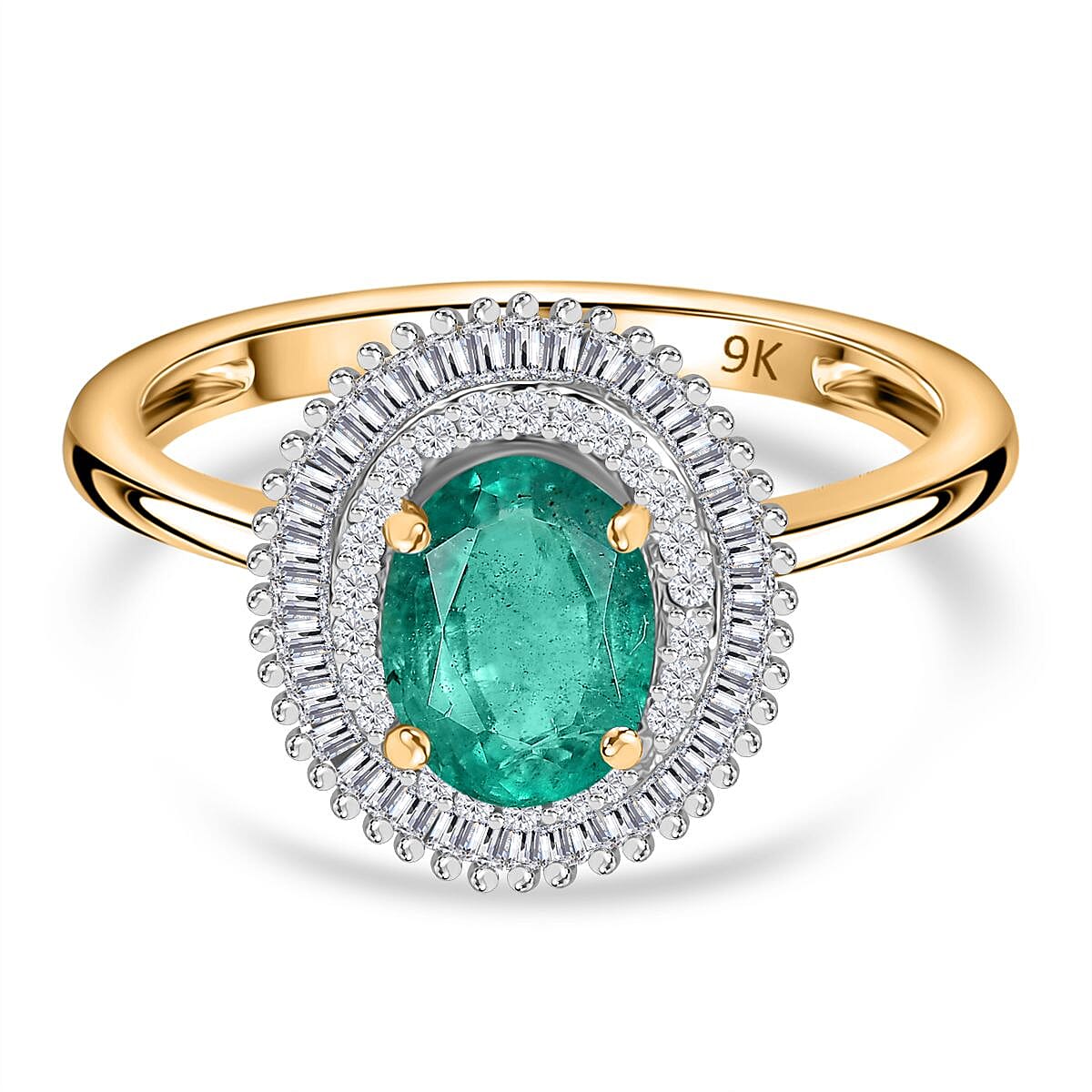 9K Yellow Gold AAA Gemfields Zambian Emerald, White Diamond Double Halo Ring 1.57 Ct. 7958316 0