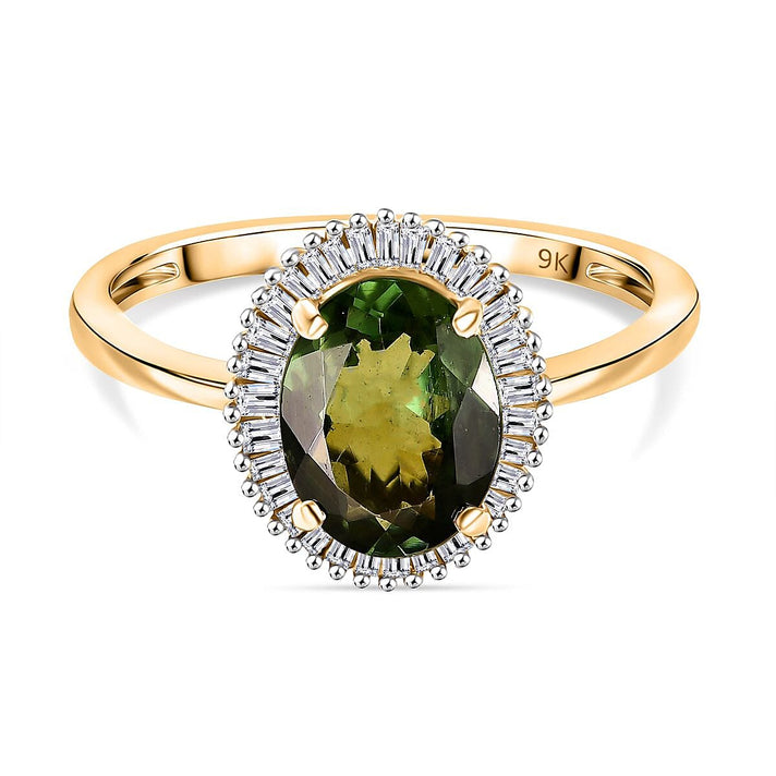 Biggest Size - AAA Natural Tanzanian Green Apatite (OV9x7) &amp; White Diamond Halo Ring in 9K Yellow Gold 2.00 Ct. 8274619 1