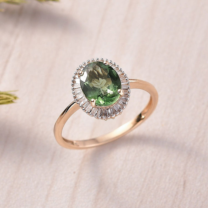 Biggest Size - AAA Natural Tanzanian Green Apatite (OV9x7) &amp; White Diamond Halo Ring in 9K Yellow Gold 2.00 Ct. 8274619 2