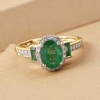 9K Yellow Gold AAA Kagem Zambian Emerald and Diamond Ring 1.57 Ct.