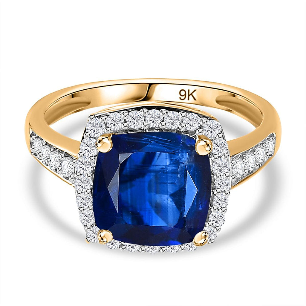 9K Yellow Gold AAA Neelratna Kyanite & Moissanite Halo Ring 4.68 Ct