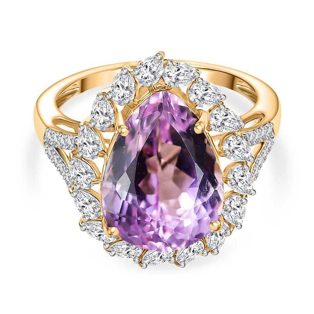 9K Yellow Gold AAA Kunzite & Moissanite Pear Cut Halo Ring 8.46 Ct.