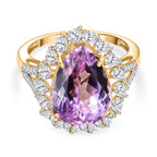 9K Yellow Gold AAA Kunzite & Moissanite Pear Cut Halo Ring 8.46 Ct.