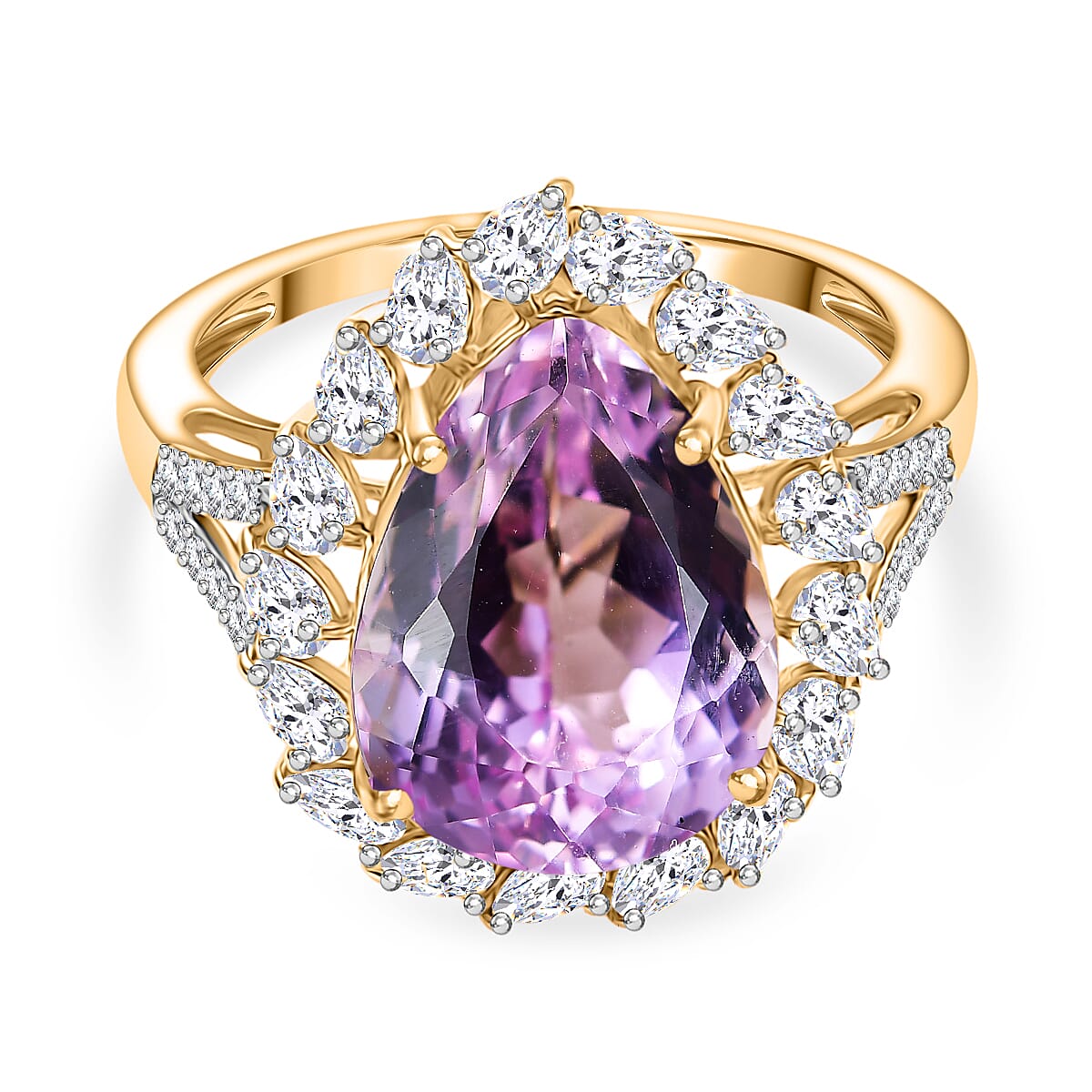 9K Yellow Gold AAA Kunzite & Moissanite Pear Cut Halo Ring 8.46 Ct.