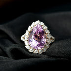9K Yellow Gold AAA Kunzite & Moissanite Pear Cut Halo Ring 8.46 Ct.