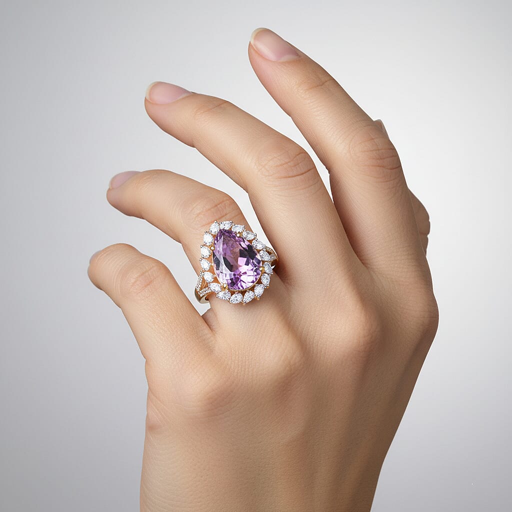 9K Yellow Gold AAA Kunzite & Moissanite Pear Cut Halo Ring 8.46 Ct.