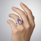 9K Yellow Gold AAA Kunzite & Moissanite Pear Cut Halo Ring 8.46 Ct.
