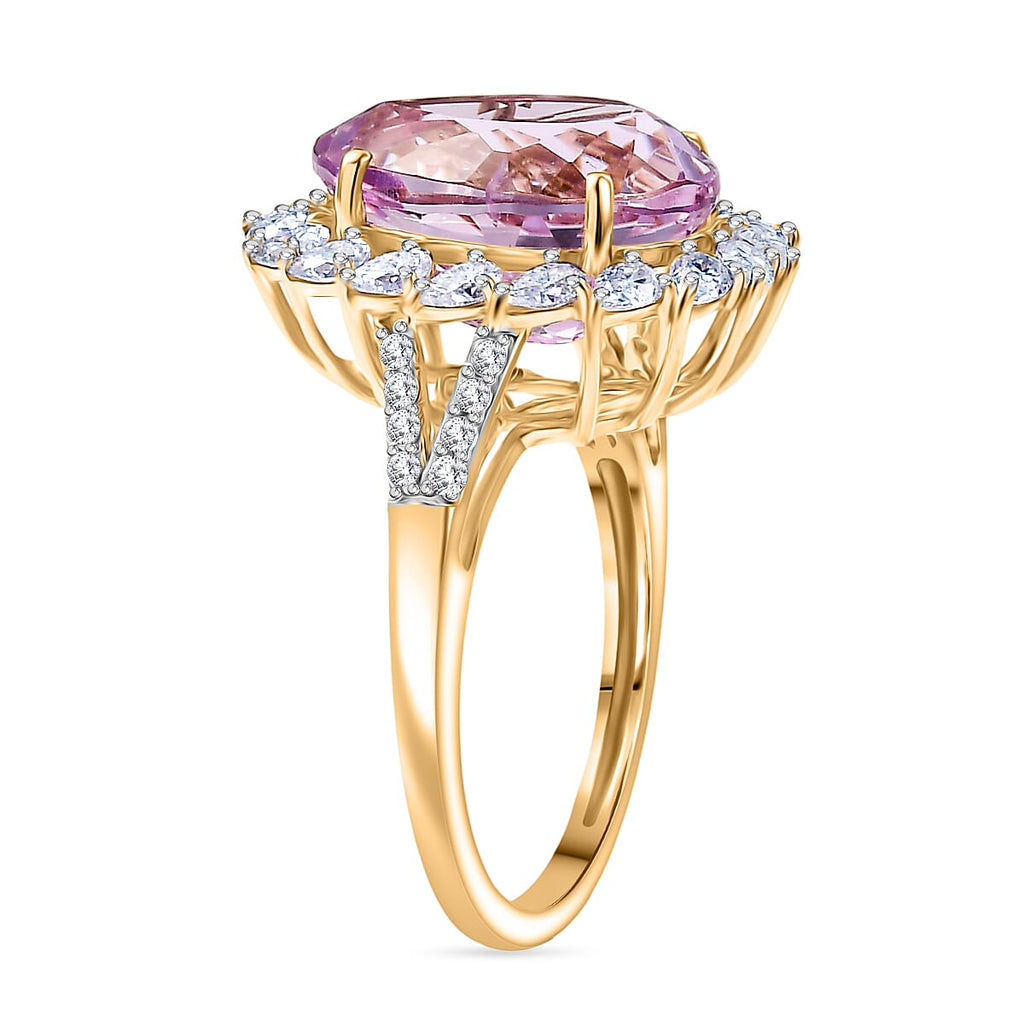 9K Yellow Gold AAA Kunzite & Moissanite Pear Cut Halo Ring 8.46 Ct.
