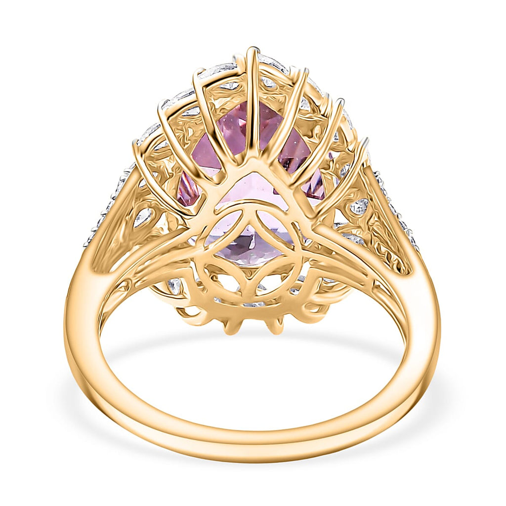 9K Yellow Gold AAA Kunzite & Moissanite Pear Cut Halo Ring 8.46 Ct.
