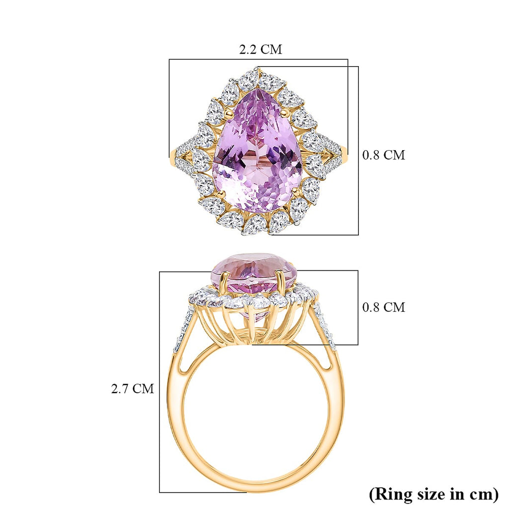 9K Yellow Gold AAA Kunzite & Moissanite Pear Cut Halo Ring 8.46 Ct.