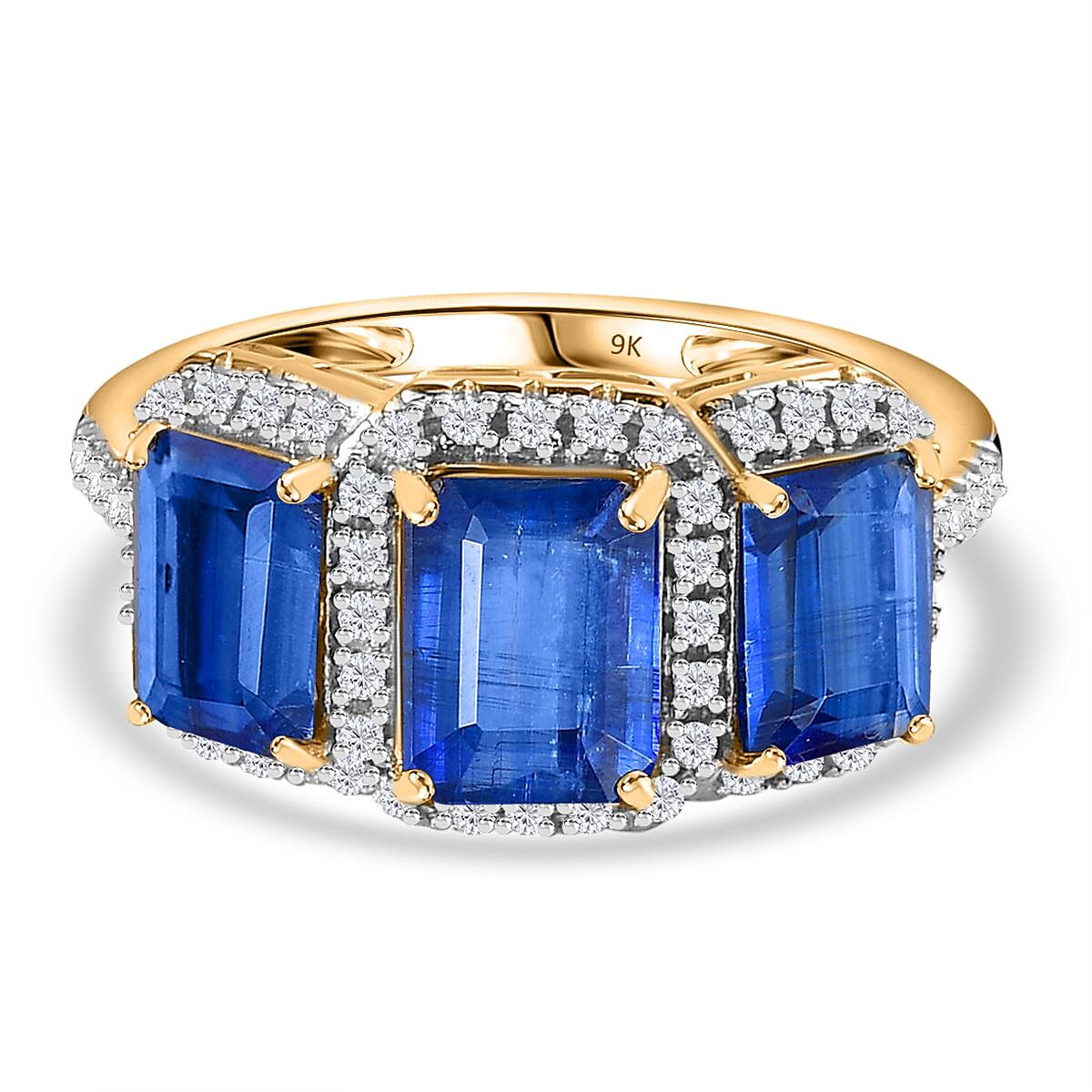 9K Yellow Gold AAA Kyanite, Moissanite Trilogy Halo Ring 4.64 ct. 7794605 0