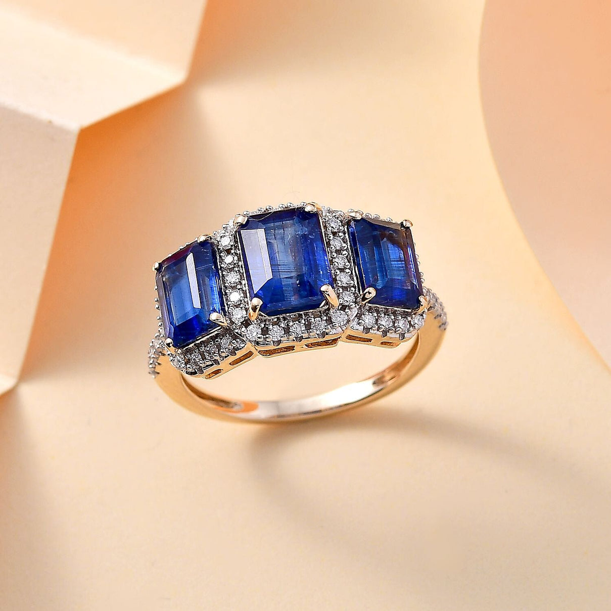 9K Yellow Gold AAA Kyanite, Moissanite Trilogy Halo Ring 4.64 ct. 7794605 1
