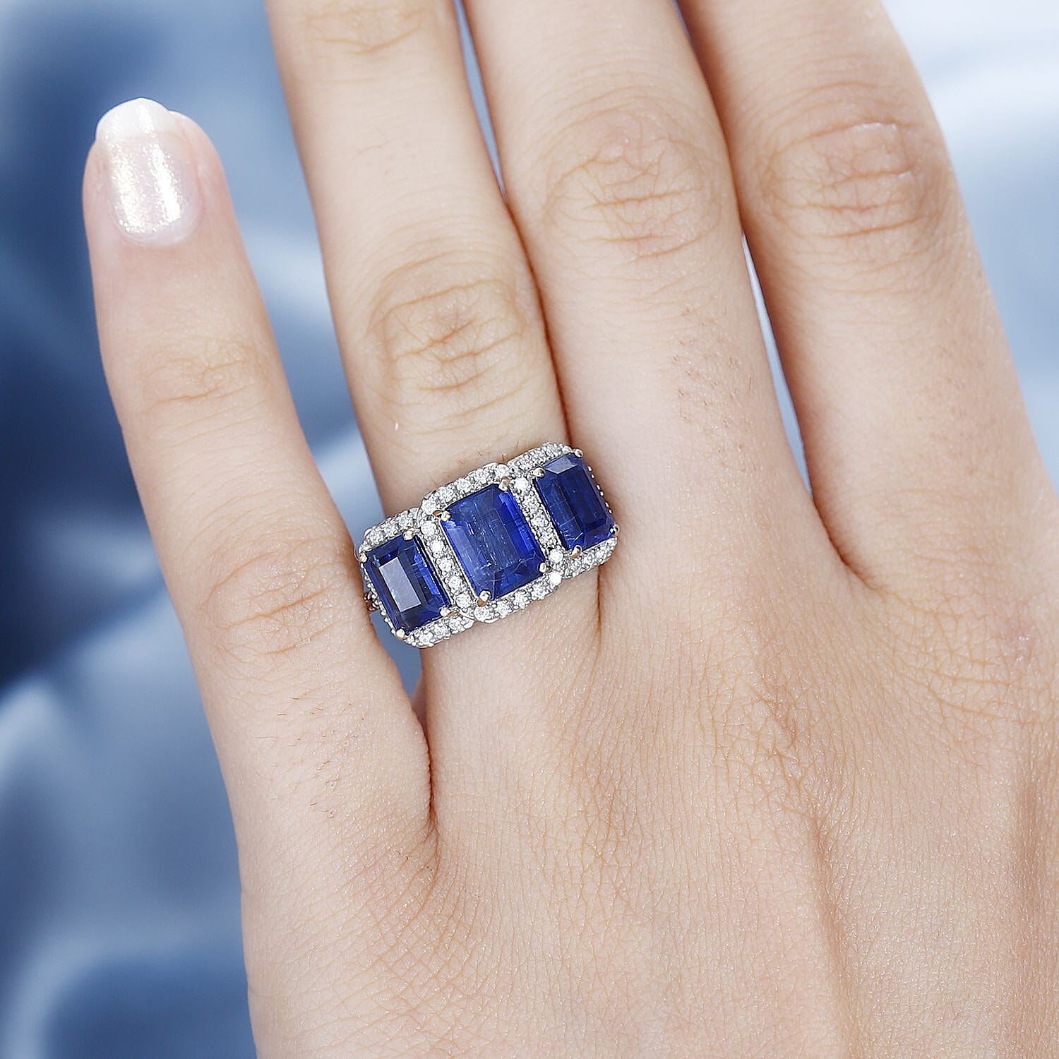 9K Yellow Gold AAA Kyanite, Moissanite Trilogy Halo Ring 4.64 ct. 7794605 2
