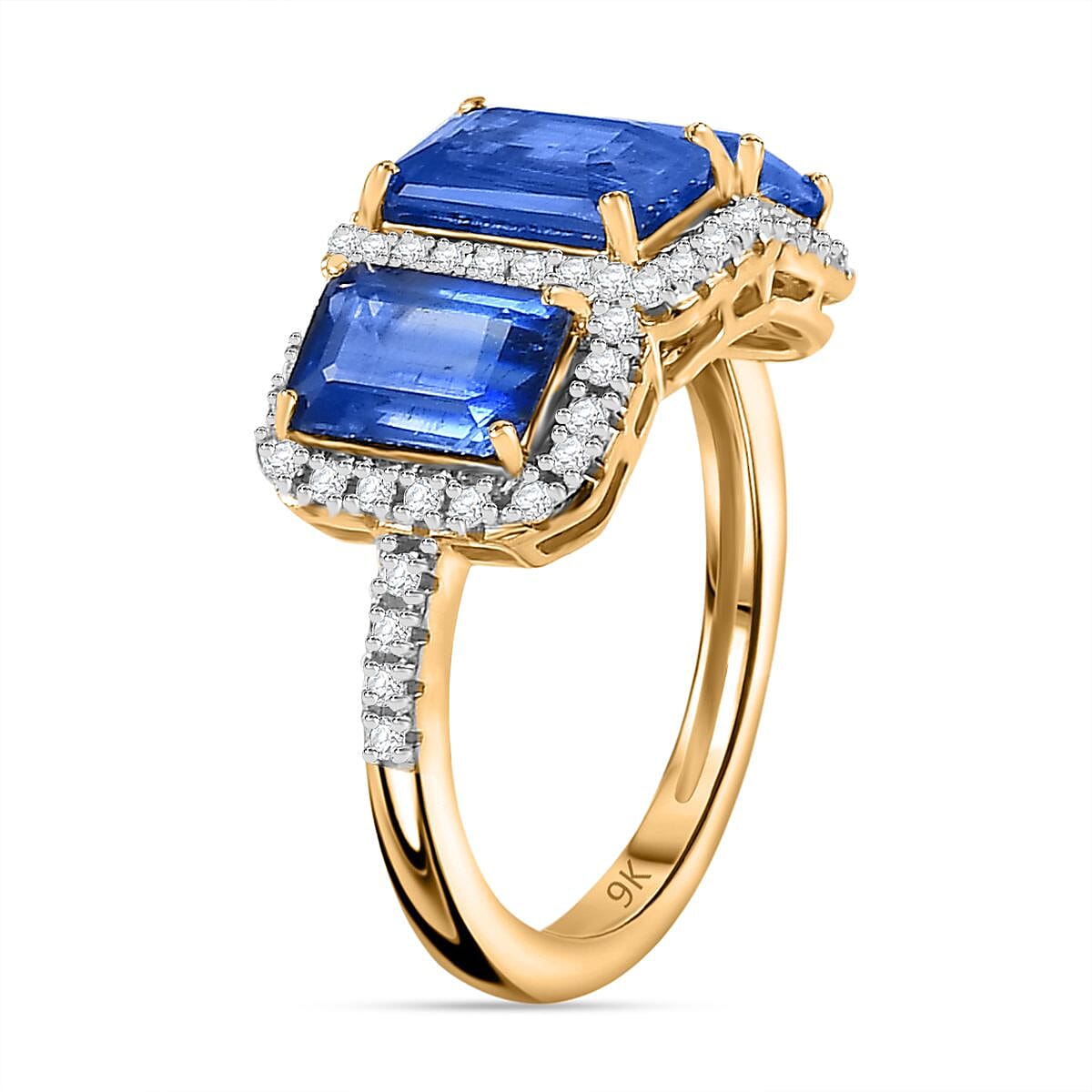 9K Yellow Gold AAA Kyanite, Moissanite Trilogy Halo Ring 4.64 ct. 7794605 3