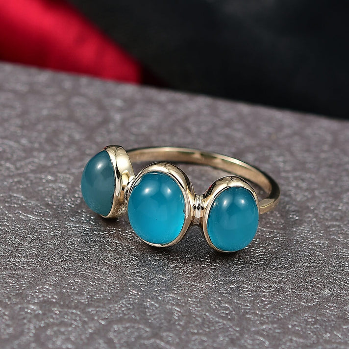 One Time Deal- 9K Yellow Gold AAA Paraiba Moonstone Oval 3 Stone Ring 4.55 Ct. 8290077 2