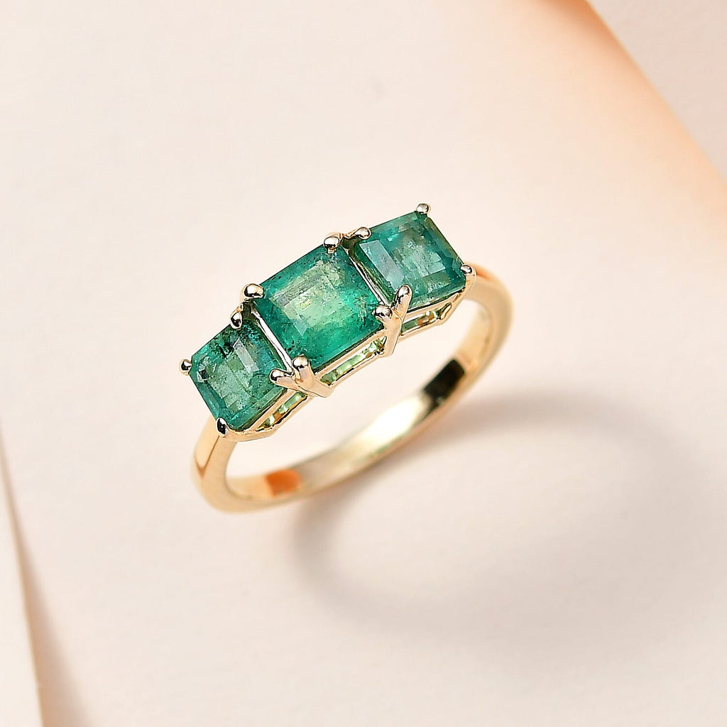 9K Yellow Gold AAA Gemfields Zambian Emerald 3 Stone Ring 2.23 Ct.
