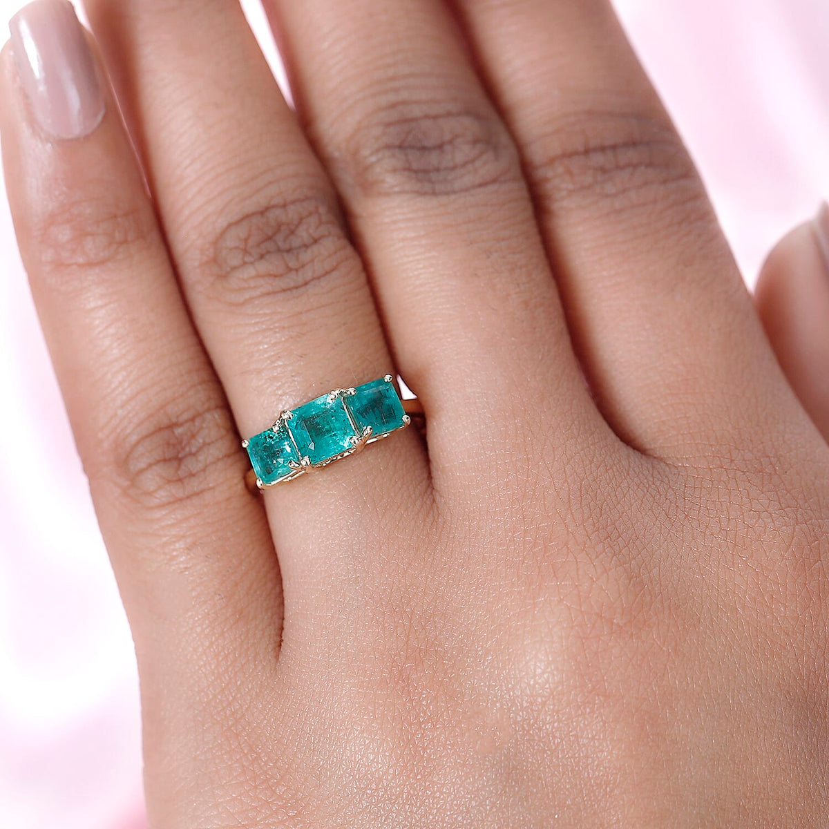 AAA Gemfields Zambian Emerald Trilogy Ring in 9K Yellow Gold 7721661 2