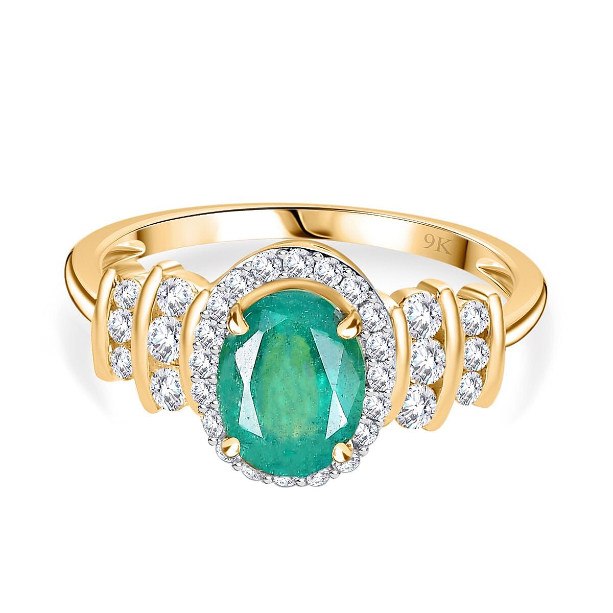 AAA Gemfields Zambian Emerald and Moissanite Halo Ring in 9K Yellow Gold 7786169 0
