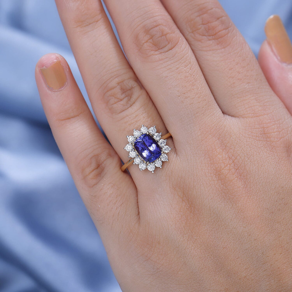 9K Yellow Gold AAA Tanzanite, Moissanite Halo Ring 7861602 2