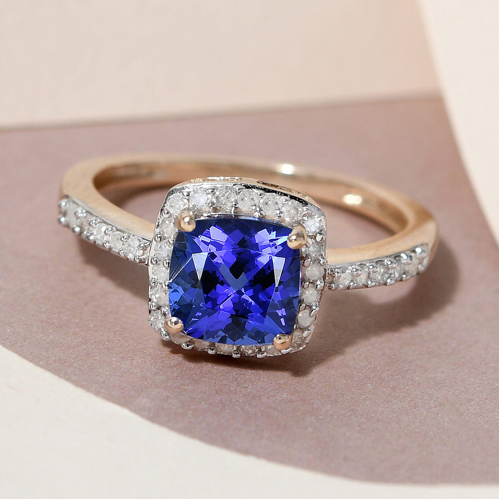 9K Yellow Gold AAA Tanzanite and Diamond Ring 1.66 Ct.