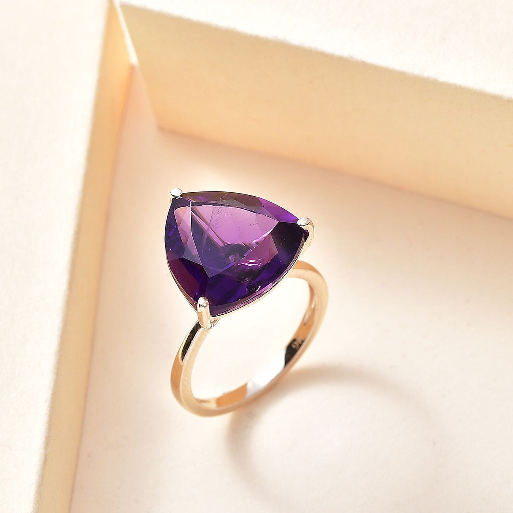 One Time Offer - 9K Yellow Gold AAA Zambian Amethyst Trillion Ring 8.95 Ct. Gold Wt 2.40 Grms