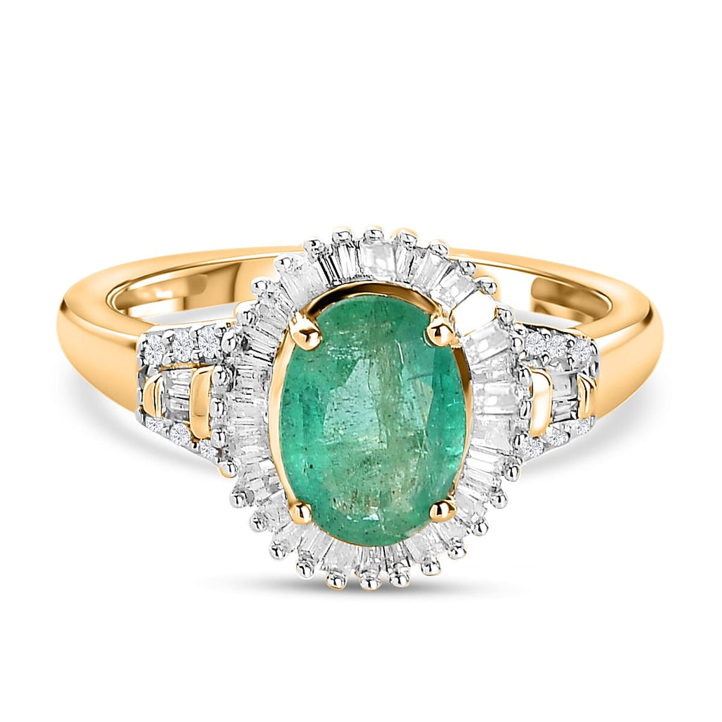 9K Yellow Gold Zambian Emerald and Diamond Halo Ring 1.44 Ct.