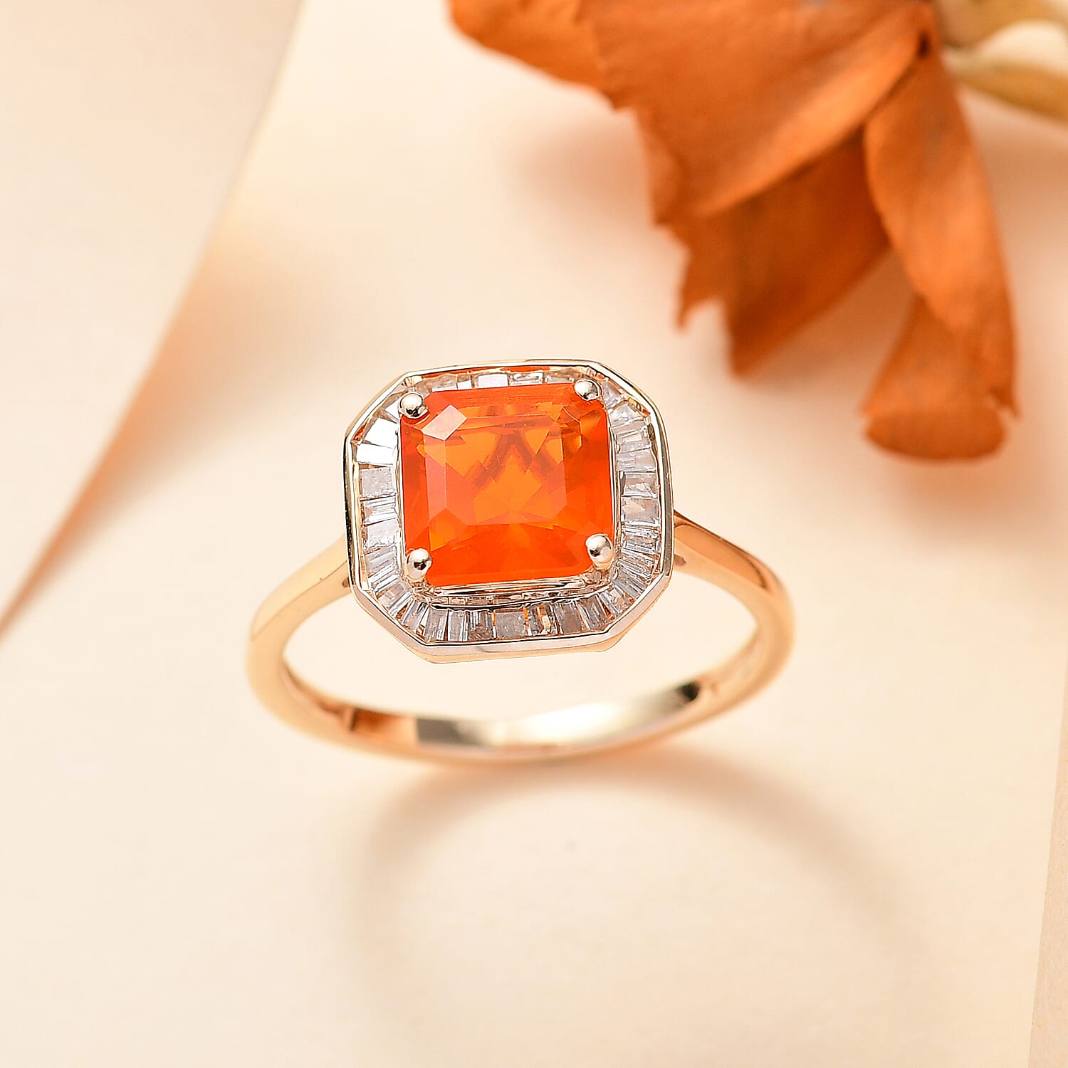 9K Yellow Gold  AAAA Fire Opal, White Diamond Halo Ring 7849319 2