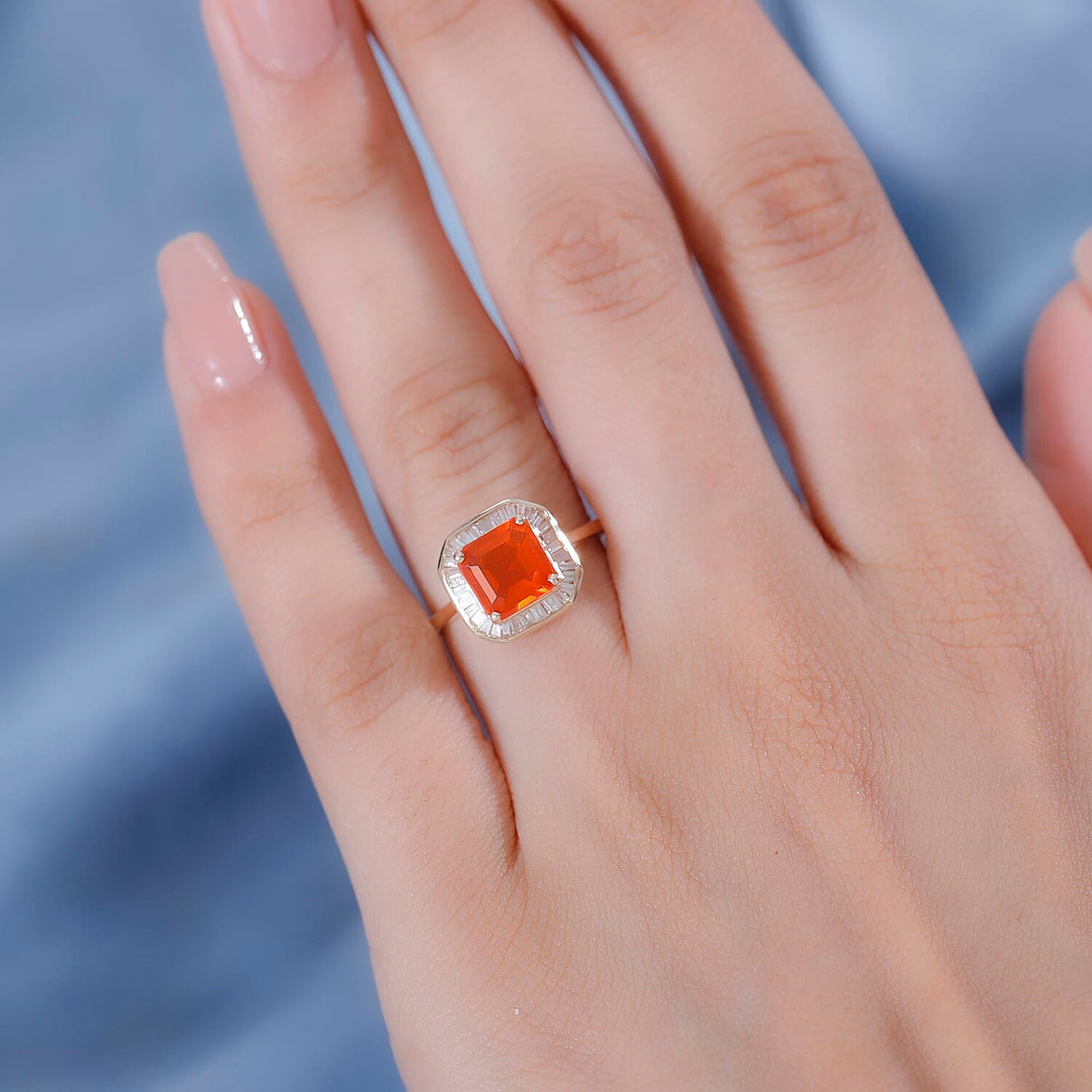 9K Yellow Gold  AAAA Fire Opal, White Diamond Halo Ring 7849319 3
