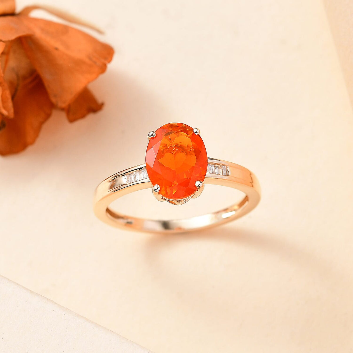 9K Yellow Gold AAAA Fire Opal, White Diamond Solitaire Diamond Ring 7862061 1