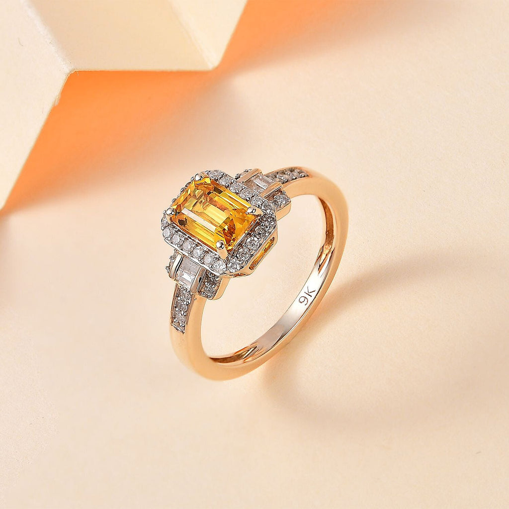 9K Yellow Gold AAAA Chanthaburi Yellow Sapphire & White Diamond Halo Ring 1.40 Ct