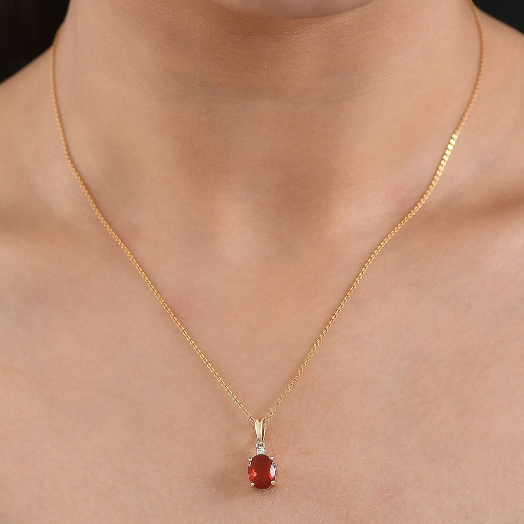 9K Yellow Gold AAAAA Cherry Fire Opal & SI-G-H Lab Grown Diamond Solitaire Pendant 1.27 Ct