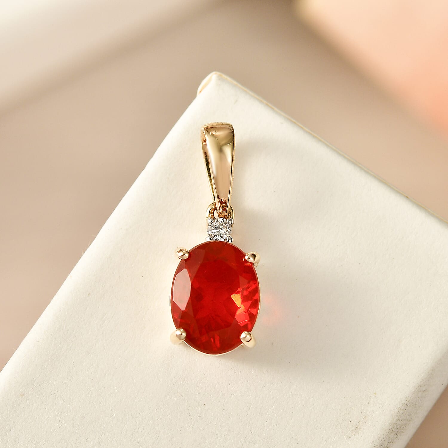9K Yellow Gold AAAA Cherry Fire Opal &amp; SI-G-H Lab Grown Diamond Solitaire Pendant 1.27 Ct 8324553 3