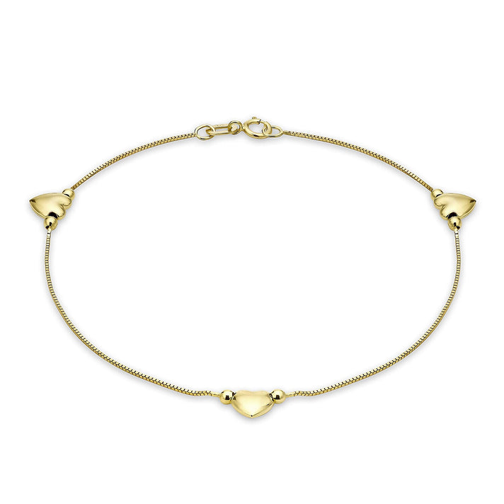 9K Yellow Gold 3 Heart Charm Box Chain Anklet 10.5 Inch 7328221 1