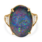 9K Yellow Gold Australian Boulder Opal (OV18X13) and Natural Zircon Ring 7.00 Ct.
