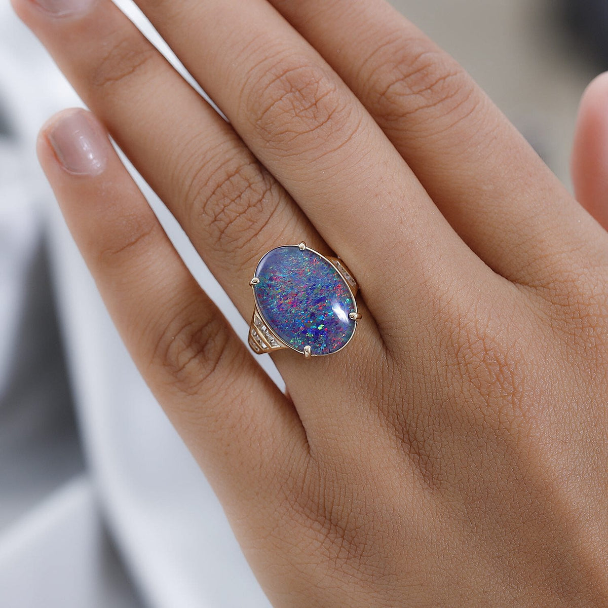 9K Yellow Gold Australian Boulder Opal (OV18X13) and Natural Zircon Ring 7.00 Ct. 7510801 6