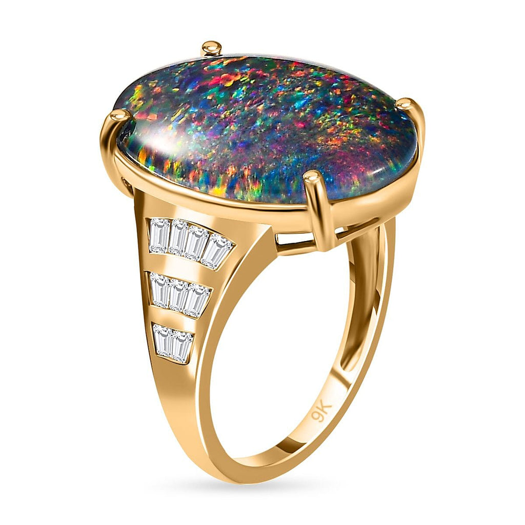 9K Yellow Gold Australian Boulder Opal (OV18X13) and Natural Zircon Ring 7.00 Ct.