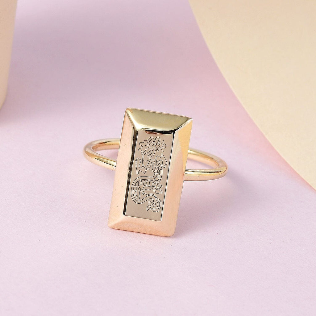 Italian Made - 9K Yellow Gold Dragon Motif Bar Ring
