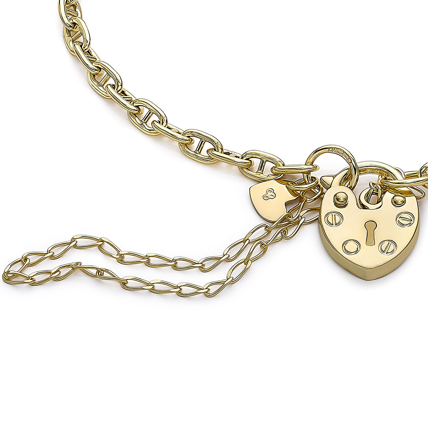 9K Yellow Gold 3mm Rambo Chain Padlock and Safety Chain Bracelet 7.5 Inch 7328361 2