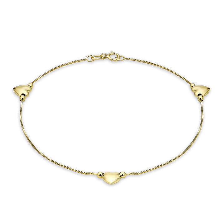 9K Yellow Gold 3 Heart Charm Box Chain Bracelet 7 Inch 7328219 1