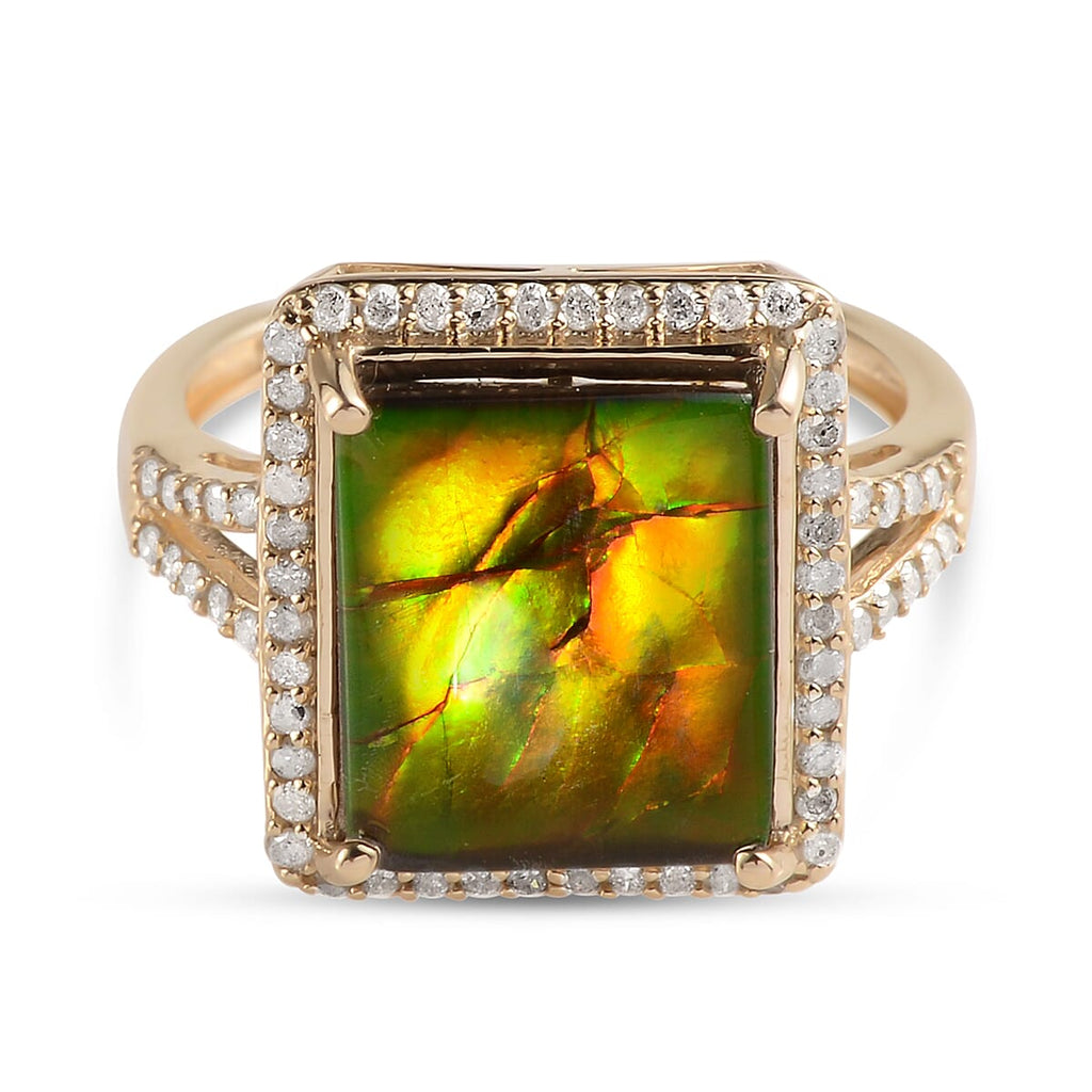 9K Yellow Gold Canadian Ammolite and Diamond Ring 4.23 Ct, Gold Wt. 3.00 Gms