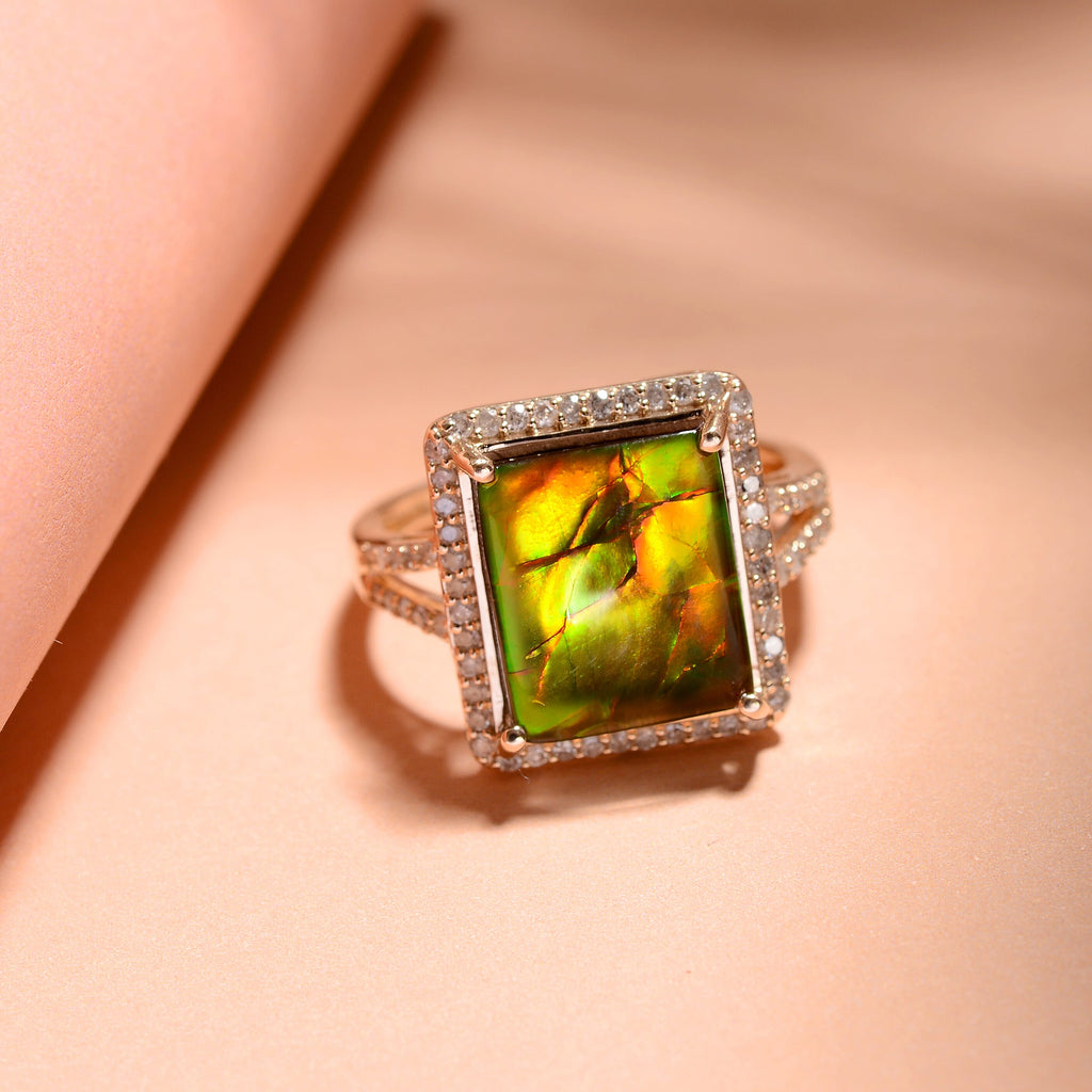 9K Yellow Gold Canadian Ammolite and Diamond Ring 4.23 Ct, Gold Wt. 3.00 Gms