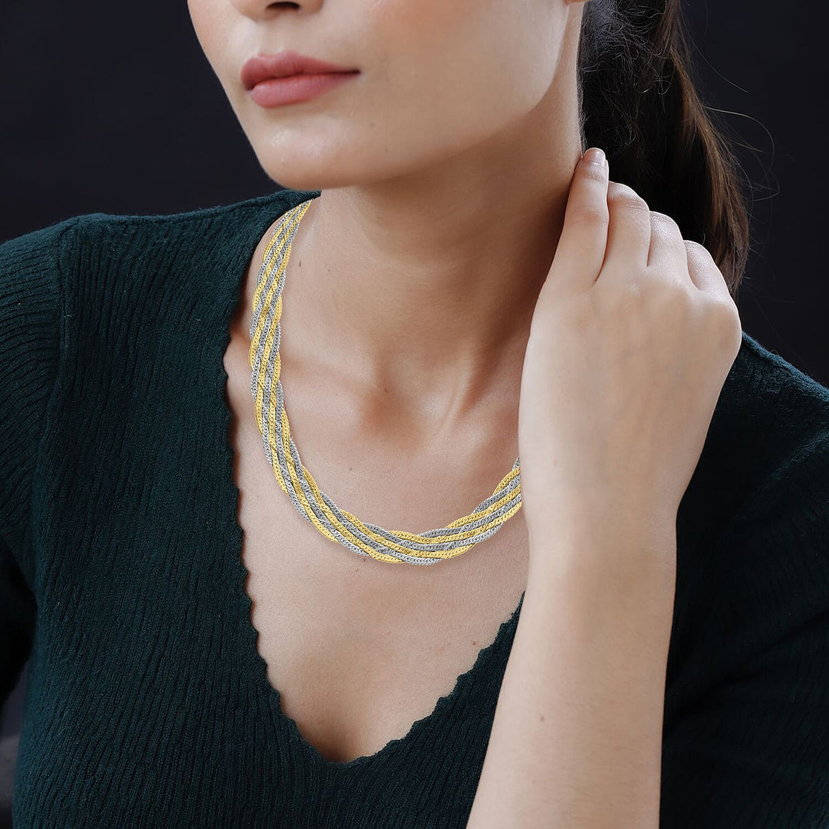 9K Two Colour Gold Plait Textured Herringbone Necklace 16 Inch 5.5g 7337172 2