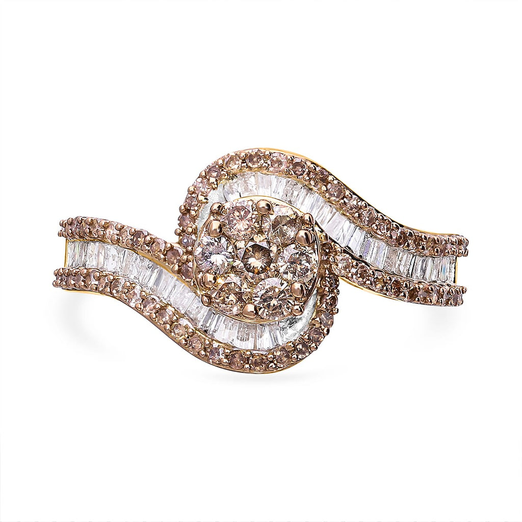 One Time Deal- 9K Yellow Gold Certified Natural Champagne Diamond and White Diamond Ring 1.00 Ct
