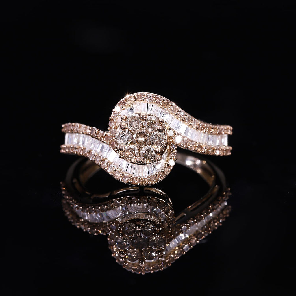 One Time Deal- 9K Yellow Gold Certified Natural Champagne Diamond and White Diamond Ring 1.00 Ct