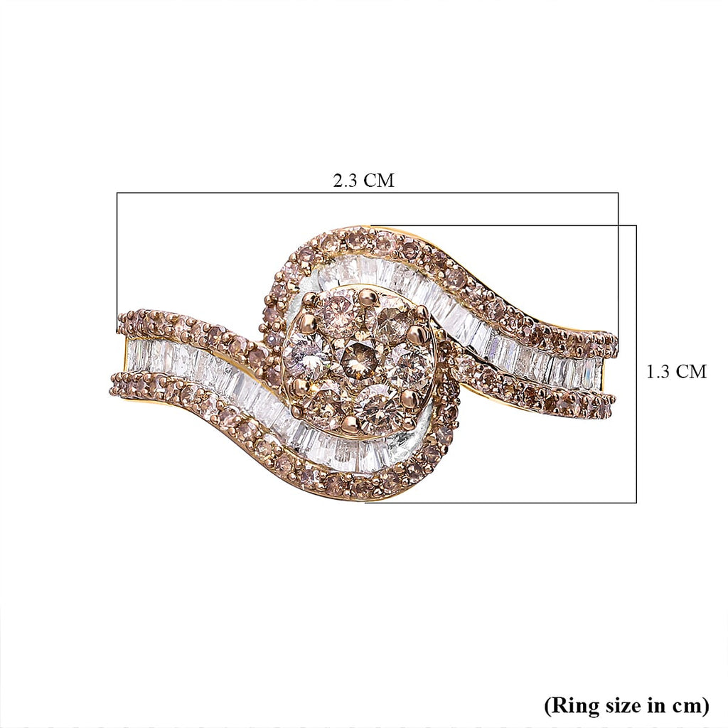 One Time Deal- 9K Yellow Gold Certified Natural Champagne Diamond and White Diamond Ring 1.00 Ct