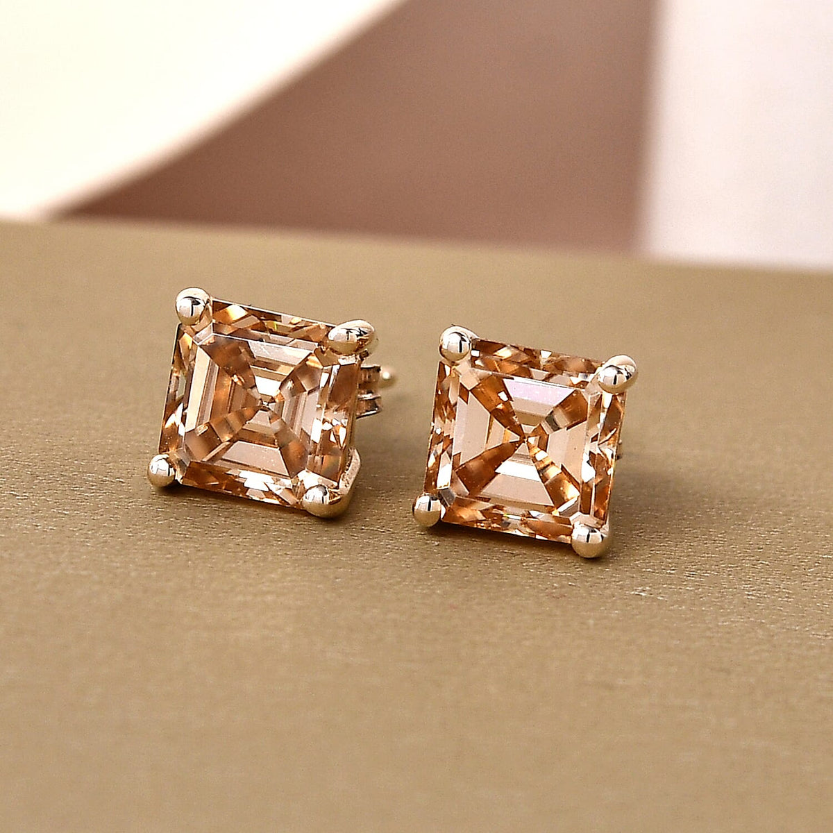 9K Yellow Gold Champagne Moissanite Princess Cut Solitaire Stud Earrings 2.50 Ct 8859148 2