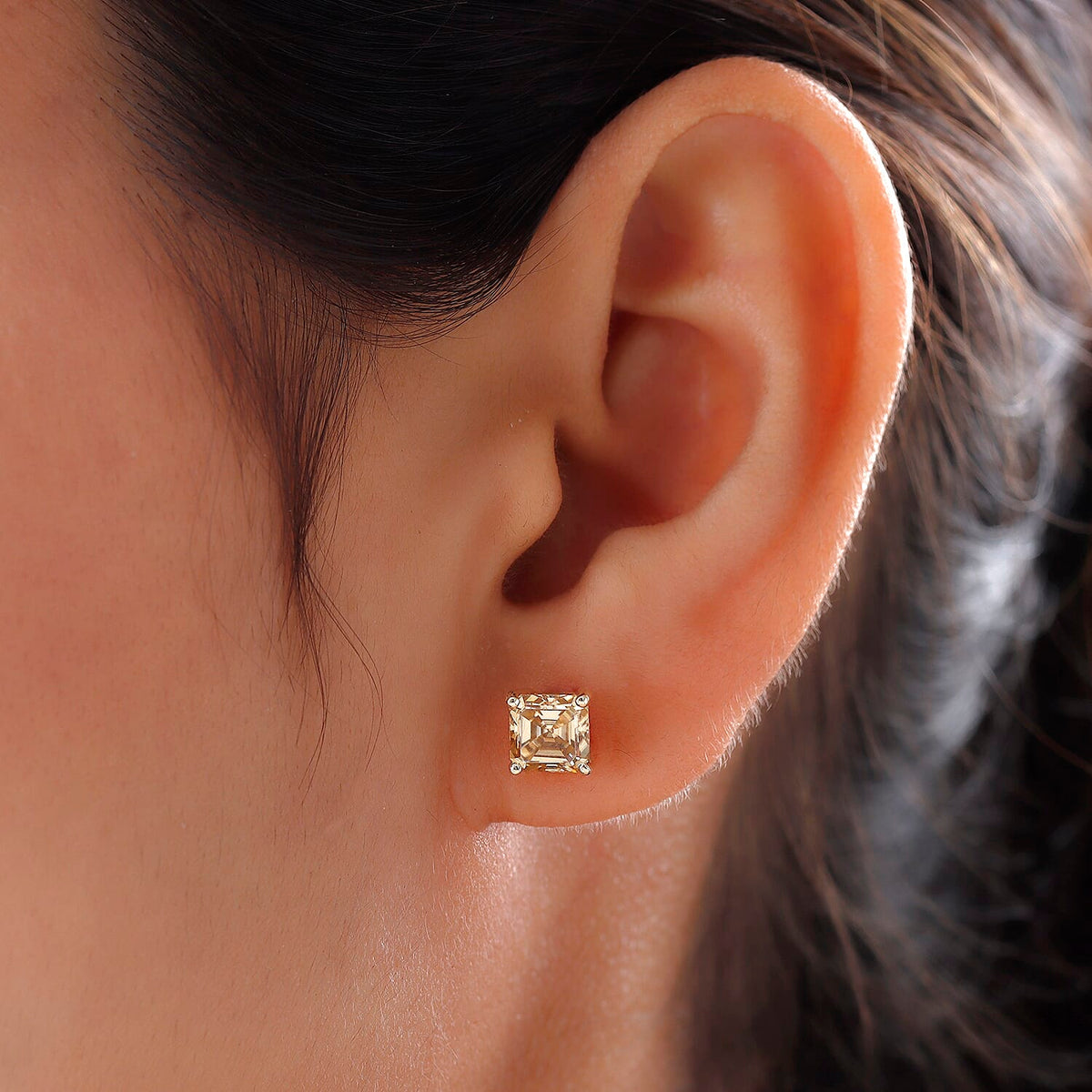 9K Yellow Gold Champagne Moissanite Princess Cut Solitaire Stud Earrings 2.50 Ct 8859148 3